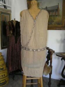 RARE Antique 1920s  Beaded Rhinestone Flapper Dress Beige Crepe Heirloom