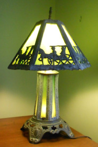 Old Green Slag Glass & Metal Table Boudoir Lamp w Nightlight Base 6 Panel Shade