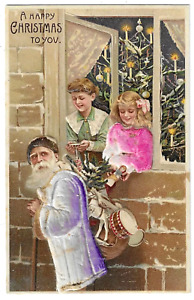 Purple Felt Santa Claus w. Children~Tree~Antique Novelty Christmas Postcard-h594