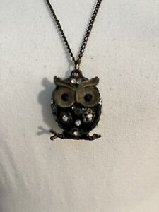 Black Owl On A Branch Pendant Necklace With Rhinestones 14”