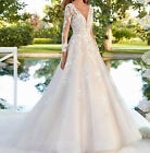 Lace Full-Sleeve Wedding Dress V-neck Backless Appliques Bridal Gown Custom Made