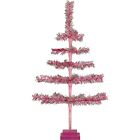 28in Tall Vintage Pink and Silver Tinsel Christmas Tree, Wood Stand Included