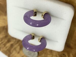 Lavender Jade 14k Yellow Gold Hoop Earrings Purple 2cm Wide