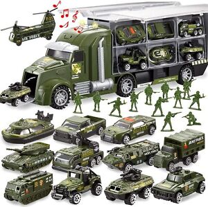 25 in 1 Military Big Truck Toys Army Tanks Set w/ Lights Sounds Kids Gifts