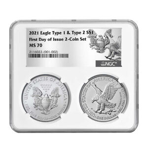 2021 $1 Type 1 and Type 2 Silver Eagle Set NGC MS70 FDI T1 T2 Label