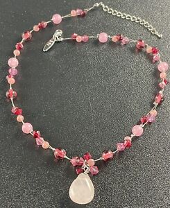 N.Y. Signed Vintage Rose Quartz Pendent Necklace 16” Pink Lucite Beads