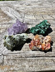 Small Mineral Specimen Lot- Epidote, Vanadinite, Malachite & Amethyst Cluster