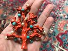 Vintage Faux Pearl Coral Branch Turquoise Crystal Christmas Tree Brooch Dangles