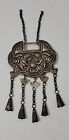 Antique Chinese Silver Repousse Beast Ruyi Lock & Bells Pendant Marked