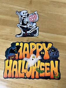 2 Vintage Die Cut Happy Halloween Pumpkin Hallmark Decor 1982 & Skeleton