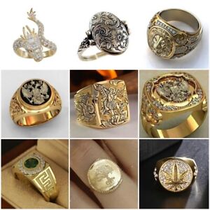 Men Yellow Gold Plated Rings Hip Hop Party Fashion Punk Ring Jewelry Gift Sz6-13