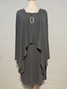 J Howard Gray Poly Blend Faux 2 Pc. Lined Midi Dress/Cardigan With Necklace 16
