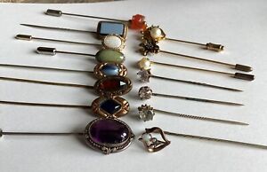 15 Antique Victorian Vintage Stick Pin Jewelry Lot Amethyst Fire Opal Seed Pearl