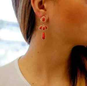 Elegant Red Coral & Diamond 6.43 Ct 18K Rose Gold Over Wedding Dangle Earrings