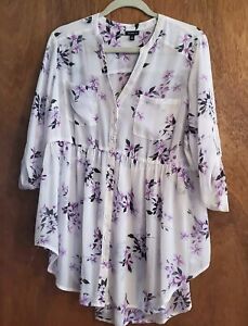 TORRID Emma Babydoll Chiffon Tunic Blouse Button Up Floral Size 0 Roll Sleeves