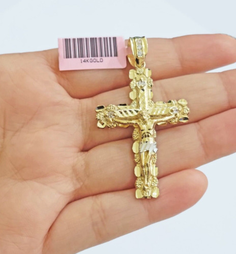 14k Yellow Gold Cross Nugget Pendant Jesus Crucifix 2 Inch 14kt Charm Men's REAL