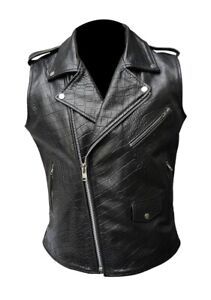 Mens Vest Crocodile Print Black Leather Bikers Waistcoat Vest -Garment Chest 44