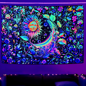 Blacklight Sun and Moon Tapestry UV Reactive Floral Plant Tapestry Psychedelic M