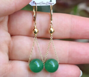 14K Solid Yellow Gold Dangle Earrings With Natural Green Aventurine Stones
