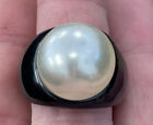 Vintage Black Bakelite 16mm Faux Pearl Ring Size 8