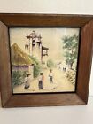 Antique Rustic Miniature Watercolor Painting Village Scene W/ Workers Wood Frame