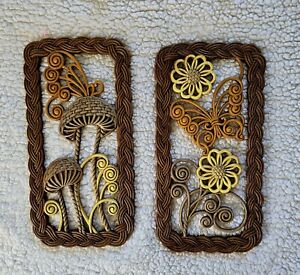 Two Vintage Burwood Products Co. Mushrooms and Butterfly Resin Wall Hangings