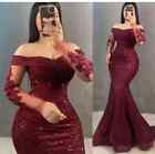 Glitter Mermaid Evening Dresses Off Shoulder Long Sleeves Party Gowns Plus Size
