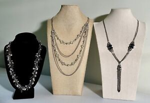 Women’s Lot Of 3 Large Faux Stone Silver Tone Necklaces Costume Jewelry