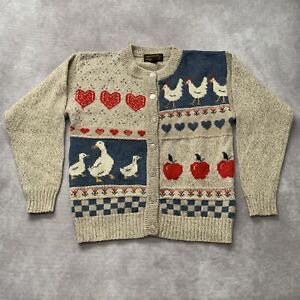 Vintage 80s Eddie Bauer Wool Cardigan Sweater Size M Animal Teacher Print Goose