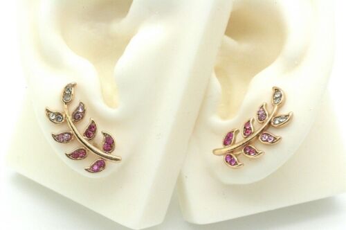 New Ear Cuff Pins Trails Upwards Pair Earrings Gold Plated Austrian Crystal Leaf