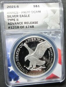 2021-S PROOF ADVANCE RELEASE TYPE 2 AMERICAN EAGLE SILVER DOLLAR ANACS PR70 DCAM