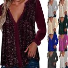 Womens Sexy V-Neck Sequin T Shirt  Long Sleeve Loose Casual Blouse Tunic Tops