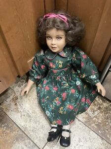 My Twinn 22” Doll SUPER LONG Dark Brown Curly Hair Pink Eyes Green Floral Dress