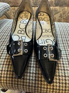 BCBG Black Patent Leather Heels,  Buckle Pointed Toe Women’s Size 6B