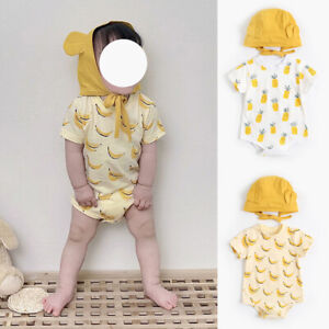 Newborn Baby Banana Pineapple Print Romper Bodysuit + Hat Cap Outfit Clothes Set