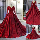 Red Long Sleeve Wedding Dresses with Train Beaded Satin V Neck Lace Up Ball Gown