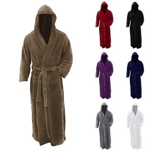 Mens Winter Robe Hooded Plush Long Fleece Spa Bath Robe with Hood and Pockets