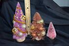 3 Pink Copper Bottle Brush Christmas Trees Decorated Vintage Glass Balls A34