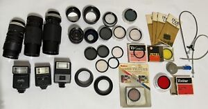 Large Lot Of Vintage Camera Lenses Flashes Filters  Vivitar Tiffen ++