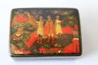 Vintage 1989 Russian USSR Palekh Hand Painted Lacquered Black Mini Trinket Box