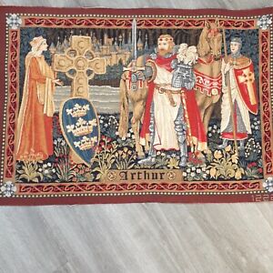 Vintage Tapestry Pictorial King Arthur Medieval Middle Ages 27x18 Raw Edges