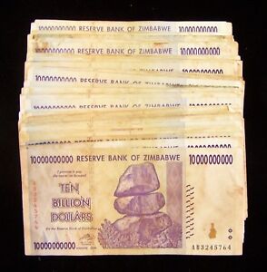 100 pcs x Zimbabwe 10 Billion Dollar bank notes -very used/poor condition bundle