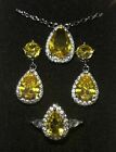Elegant Citrine Yellow Teardrop Necklace, Earrings, & Ring Size 8 Set