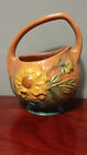 Vintage Roseville Pottery 376 Pink Peony Yellow Flowers  Basket with Handle 7