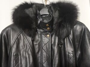 Genuine Leather Coat With Real Fox Fur Removeable Hood M/L Black Insulated