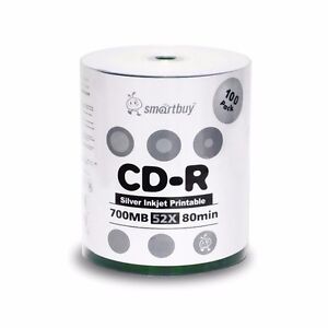 Smartbuy CD-R 52X 700MB/80Min Silver Inkjet Hub Printable Blank Recordable Disc