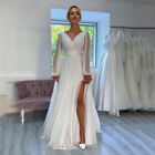 Glitter Shiny Wedding Dresses Long Sleeves Sexy V neck Side Split Bridal Gowns
