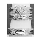14K White Gold Plated His Her Heart Real Moissanite Wedding Bridal Trio Ring Set