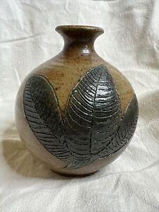 Studio Art Pottery Stoneware Round Bud Vase Brown W Leaf Motif Unknown Mark