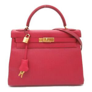 HERMES Kelly 32 Rouge vif 2way Handbag Courchevel leather Red Used Women C GHW